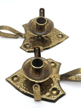 Vtg Brass Gimbal Candle Stick Holder Set of 2 Wall Hanging Portable Signed 8"